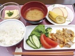 トレーの上には焼き肉風の料理と生野菜のサラダ、冷奴、白いご飯とみそ汁がある。