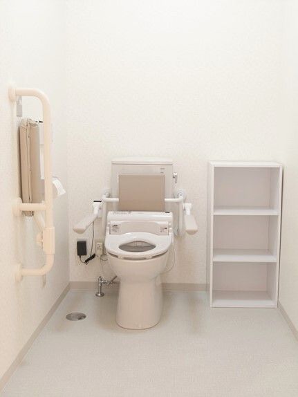 便器の両側と壁に手すりが取り付けられているトイレの様子。施設内のトイレ