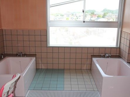 薄いピンクの一人用の浴槽が２つ設置された浴室。大きな窓があり、シャワーチェアが置かれている。