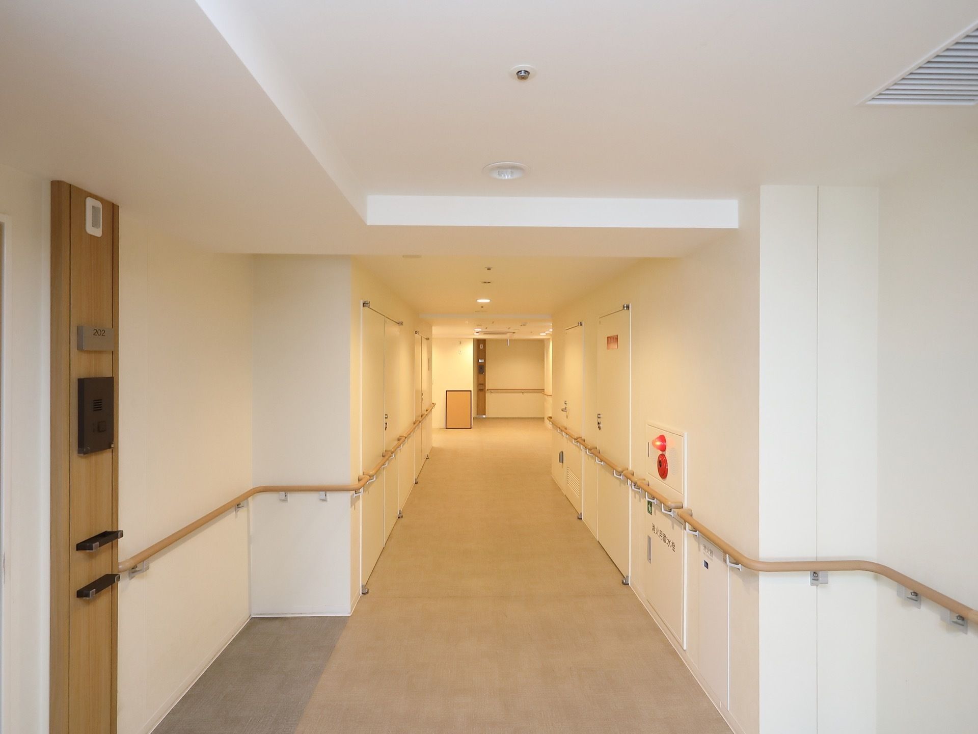 正面に向かって真っすぐ廊下が伸びている。左手に居室のドアがあり、部屋番号が表示されている。壁に手すりが取りつけられている。