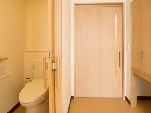 左側にトイレ、右側に収納、中央にドアがある個室内の写真