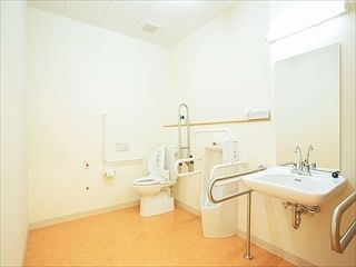奥のほうに便器、手前に洗面台がある施設内のトイレの様子。車いすのまま入れる広さ