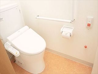 個室についいている小さなトイレの様子。L字型の手すりと緊急コールがついたトイレ