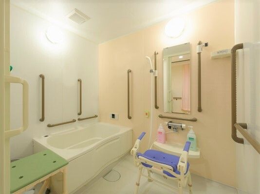 まんべんなく手すりが取り付けてあるシャワーチェア付きの浴室の様子。個別浴室の写真