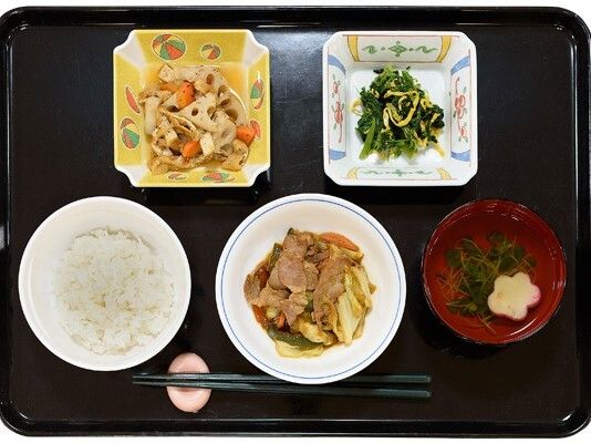 ご飯とおかずが数種類並べられている様子。夕食のメニュー例