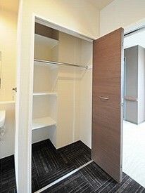 突っ張り棒と靴を置ける棚が入っている入り口近くの収納