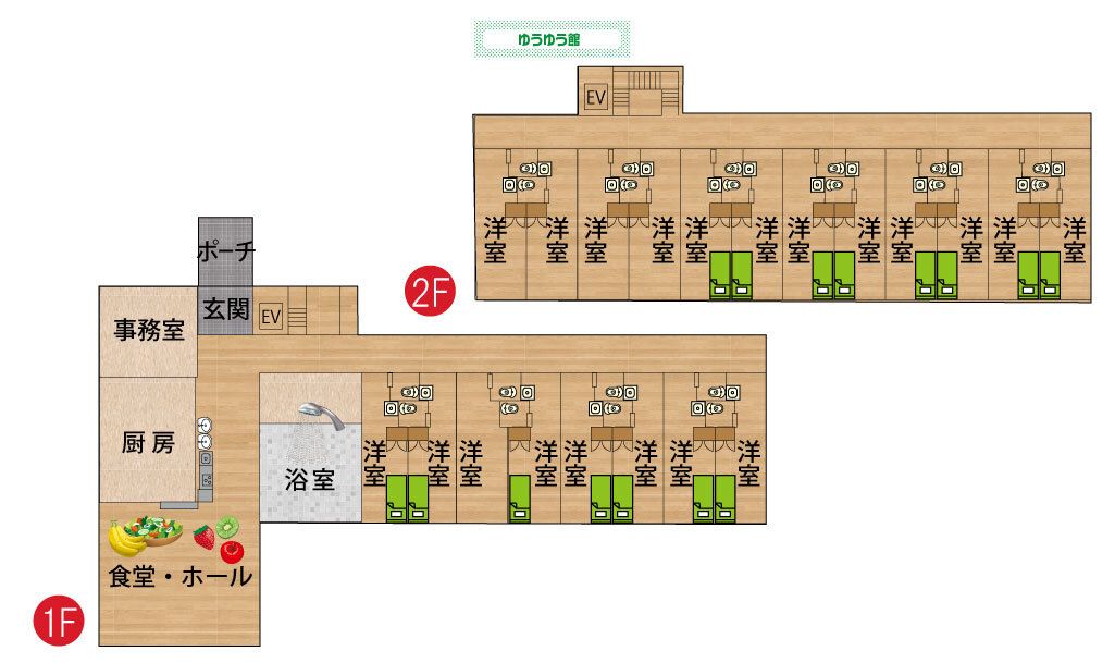 シニアガーデンゆうゆう館の1～2Ｆのフロアマップ