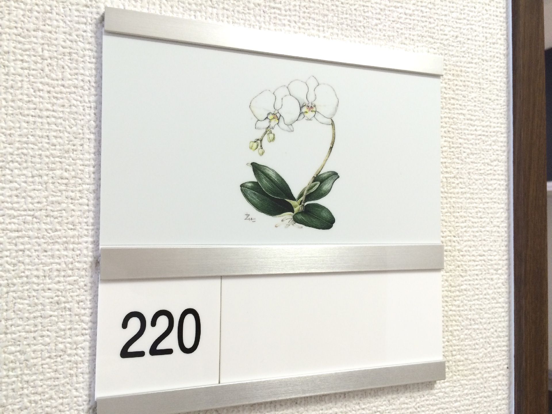 白い花のイラストが添えられた部屋番号プレート。壁は白く凸凹があるデザインで、居室のドアはダークブラウン。