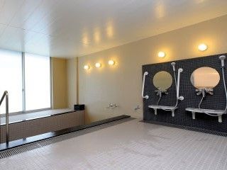 黒いタイルが貼られたシャワースペースには手すりと丸井鏡が付き、大きな窓が付いたすぐそばに長方形の浴槽がある。