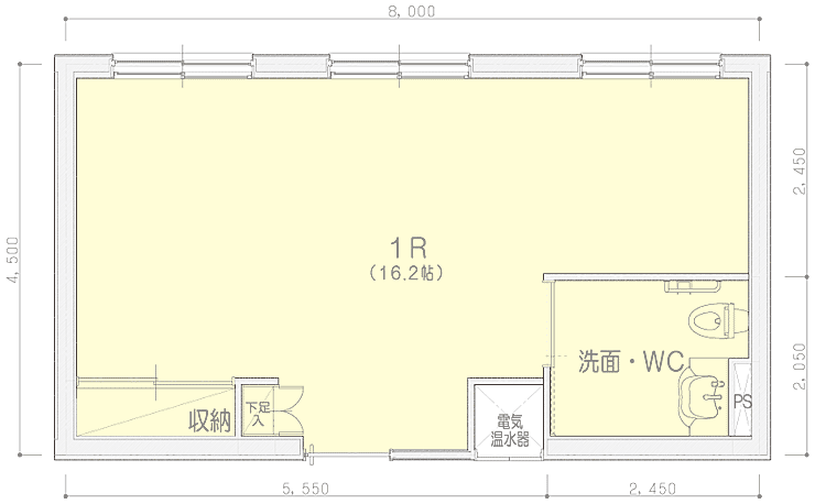 ゆったりとした1Rの間取り図