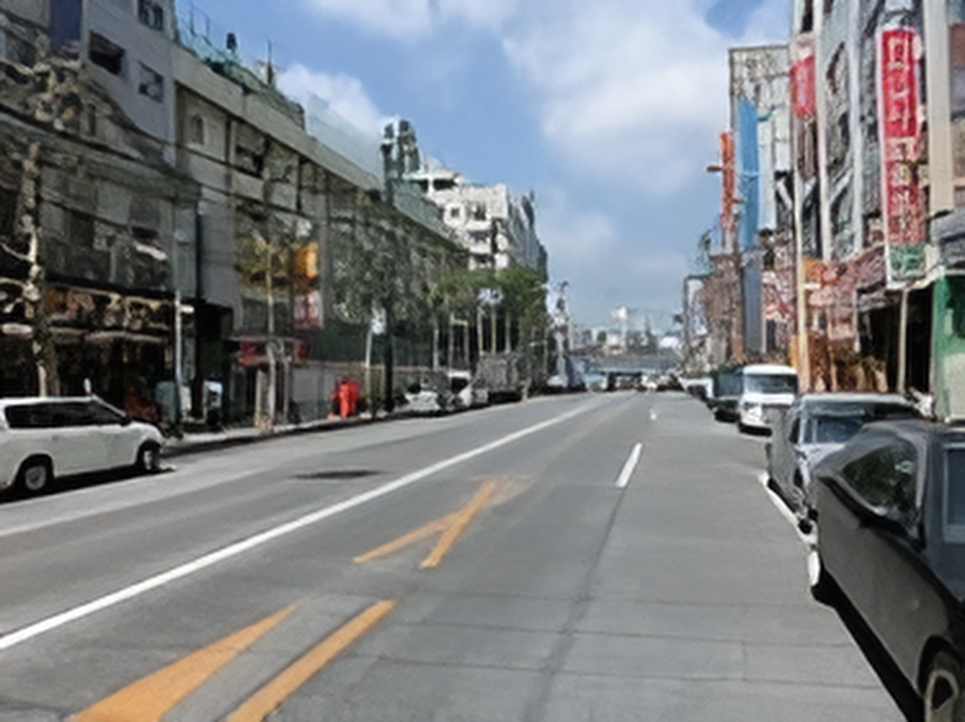 大きな道路の両サイドには様々な商業施設が建ち並んでいて、車も数台通っている。