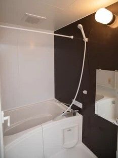 シャワーが付いた一人用の浴室。黒と白の壁で、手すりもたくさん付いている。
