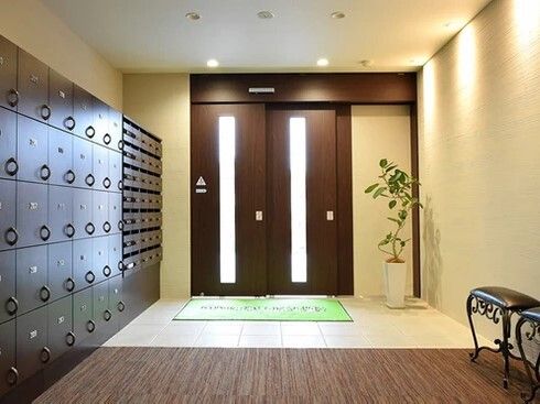 自動ドアの前には緑色のマットが敷かれ、観葉植物もある。大きな靴箱と個別の郵便受けも壁際に設置されている。
