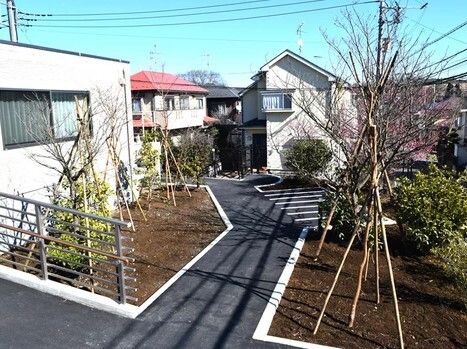 敷地内には木が植えられ、駐車スペースもある。周辺に高い建物はなく、民家が建っている。