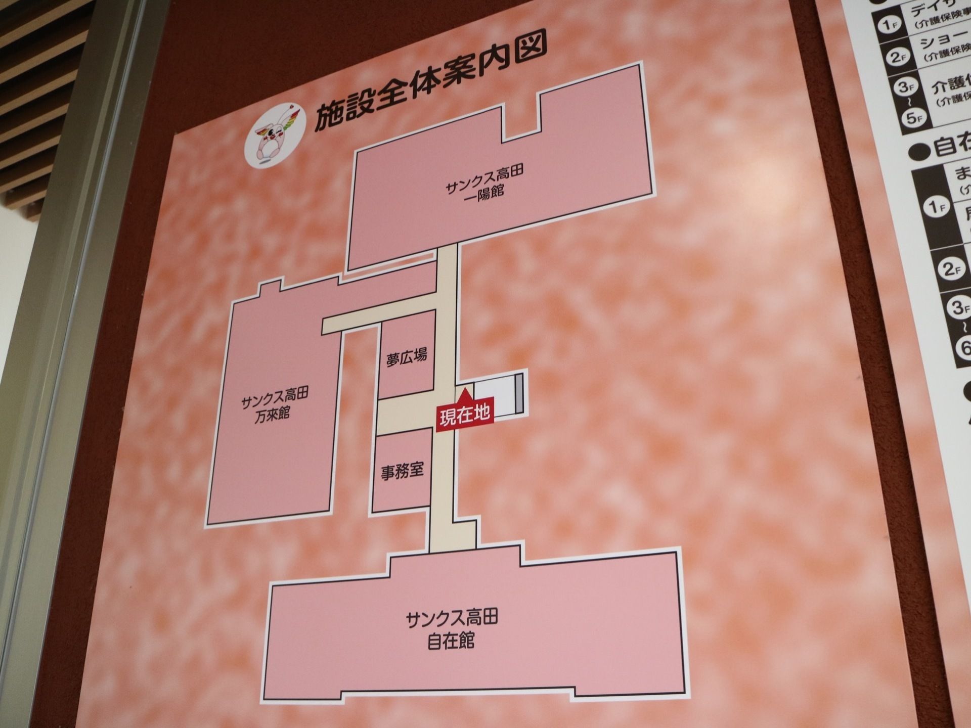 エントランスの壁に取り付けられている、施設全体の案内図である。現在地の位置が赤色の矢印で示されている。