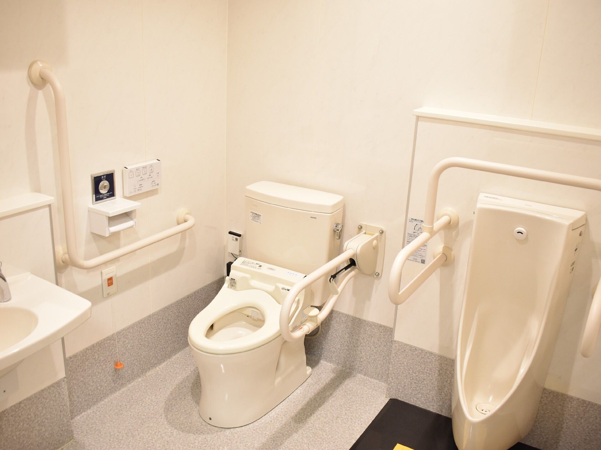 手すり付きの男性用小便器が右に、左にはふたのない便座が設置されたトイレがあり、壁には操作パネルやエル字型の手すり、トイレットペーパーホルダーがある。