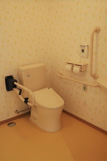 手すりが複数ついている施設内のトイレの様子。車いすのまま入れるトイレ