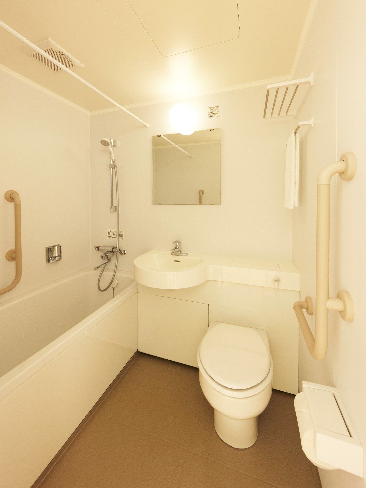 ユニットタイプの浴室の右側にはシンプルなデザインのトイレがあり、壁には手すりやタオル掛けが付いている。左にはシャワーと浴槽、手すりがある。