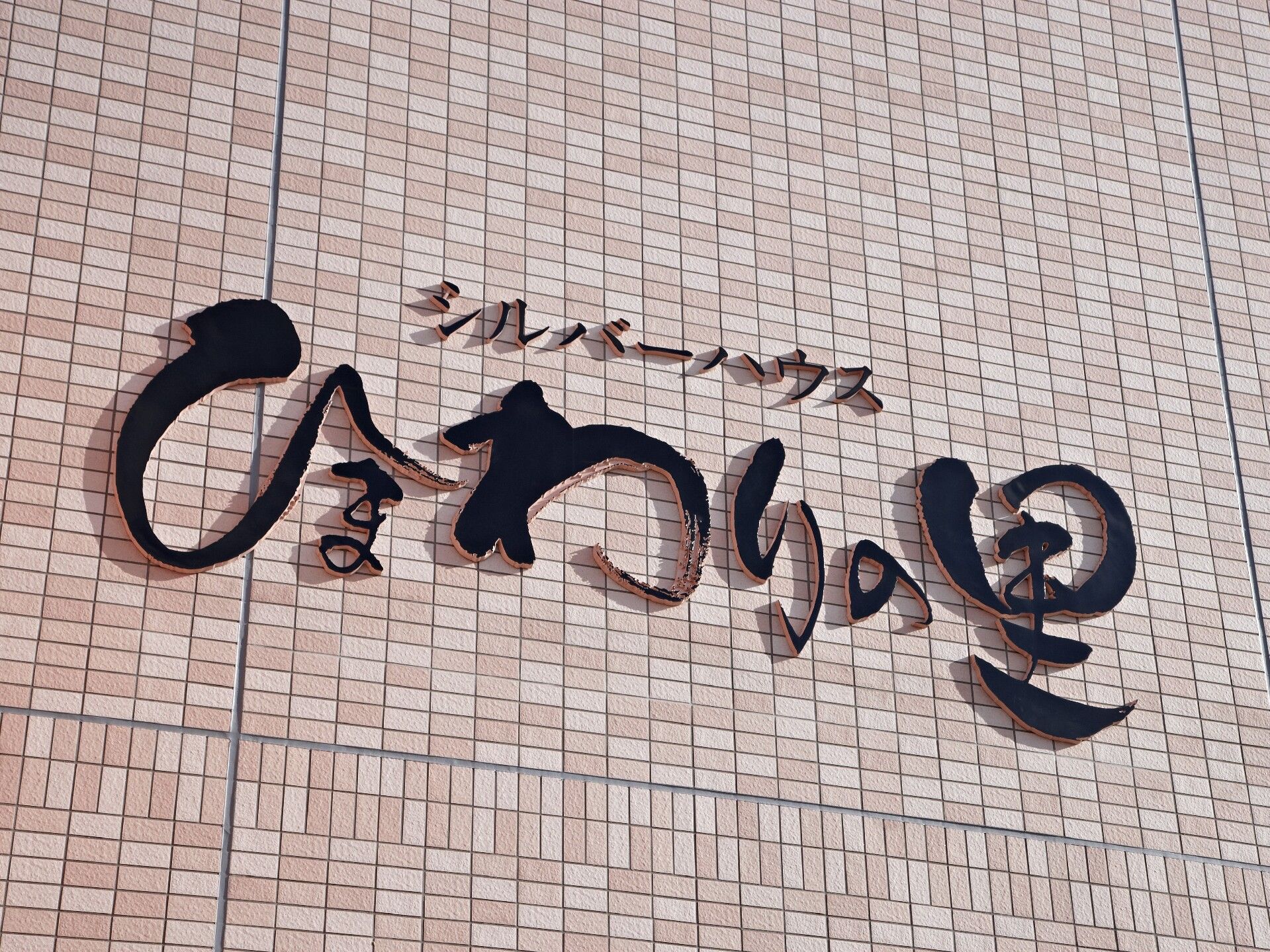 「シルバーハウスひまわりの里」と黒い文字で立体的に書かれているため文字の影もできている。外壁はベージュ系でレンガのような模様。