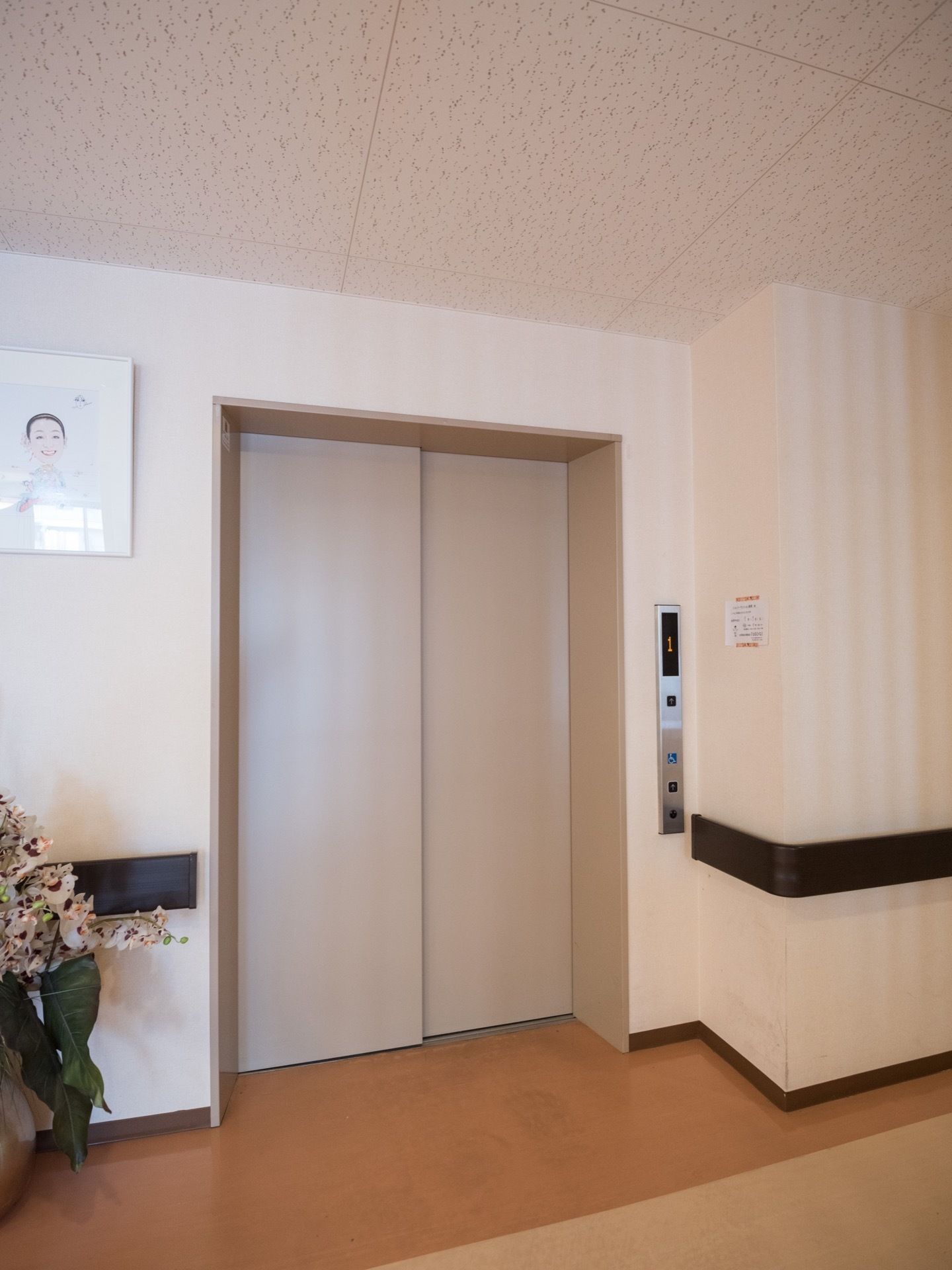 通路の一角にエレベーターが設置されている。エレベーターの左側には額装された似顔絵や花が飾ってあるのが見える。