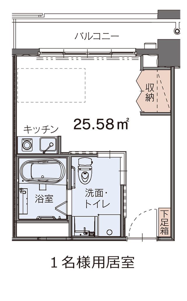 安心の住まいパインガーデン室見の1名様用居室の間取り図