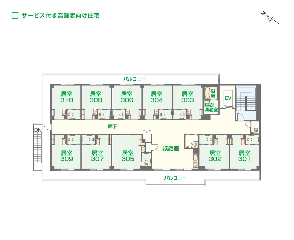エイジフリーハウス尼崎下坂部の3Ｆのフロアマップ