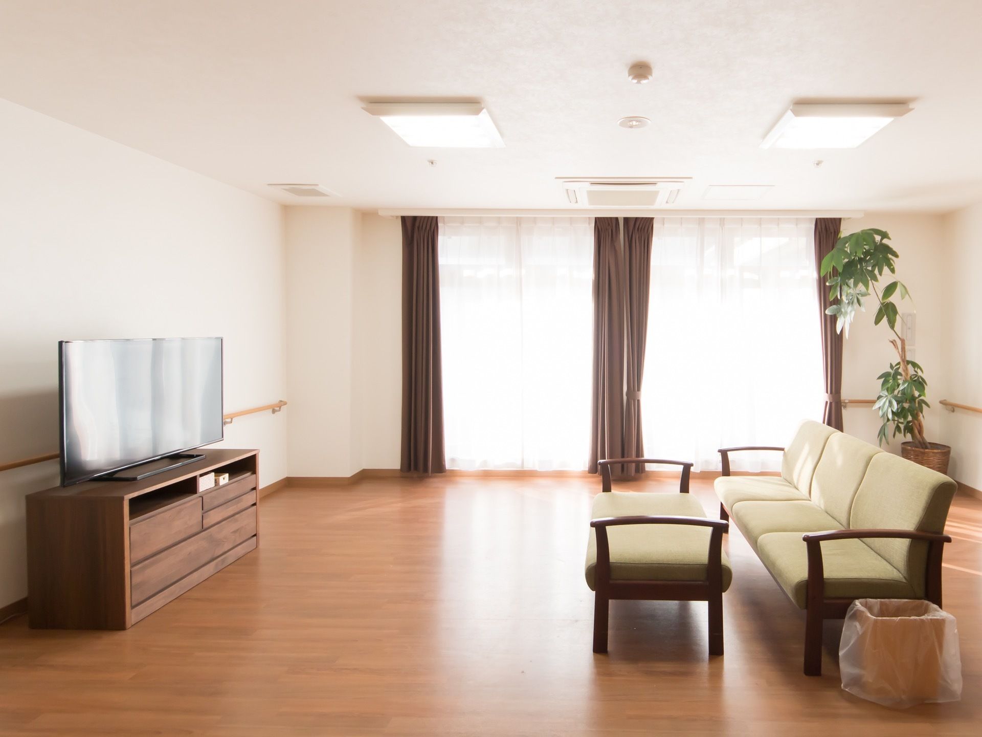 大きな窓のある明るい１室に、テレビとソファーセットが設置されている。隅には背の高い観葉植物が配置され、親しみやすい雰囲気。