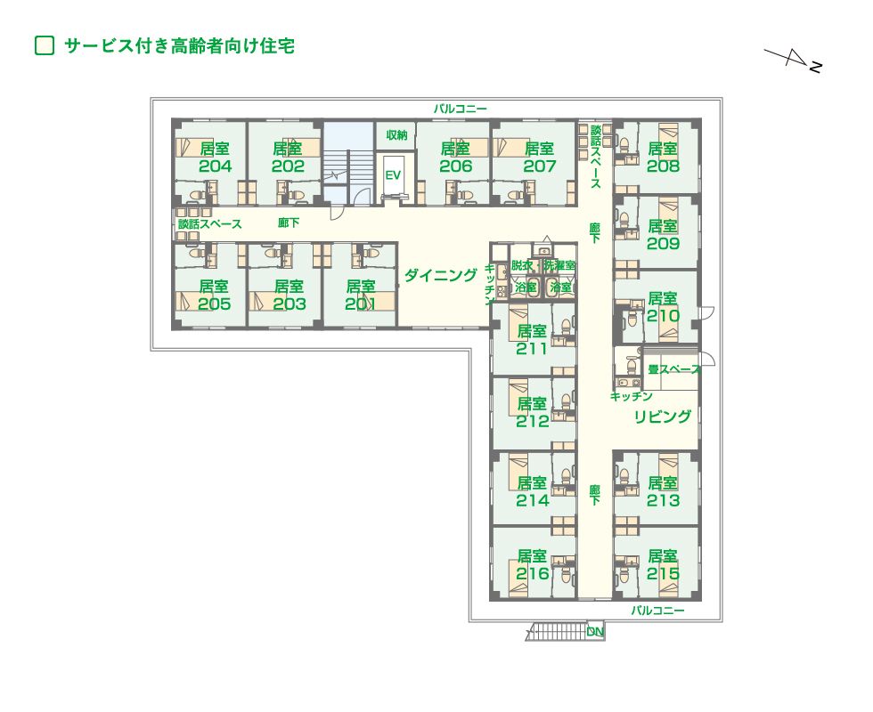 エイジフリーハウス神戸学が丘の2Fのフロアマップ