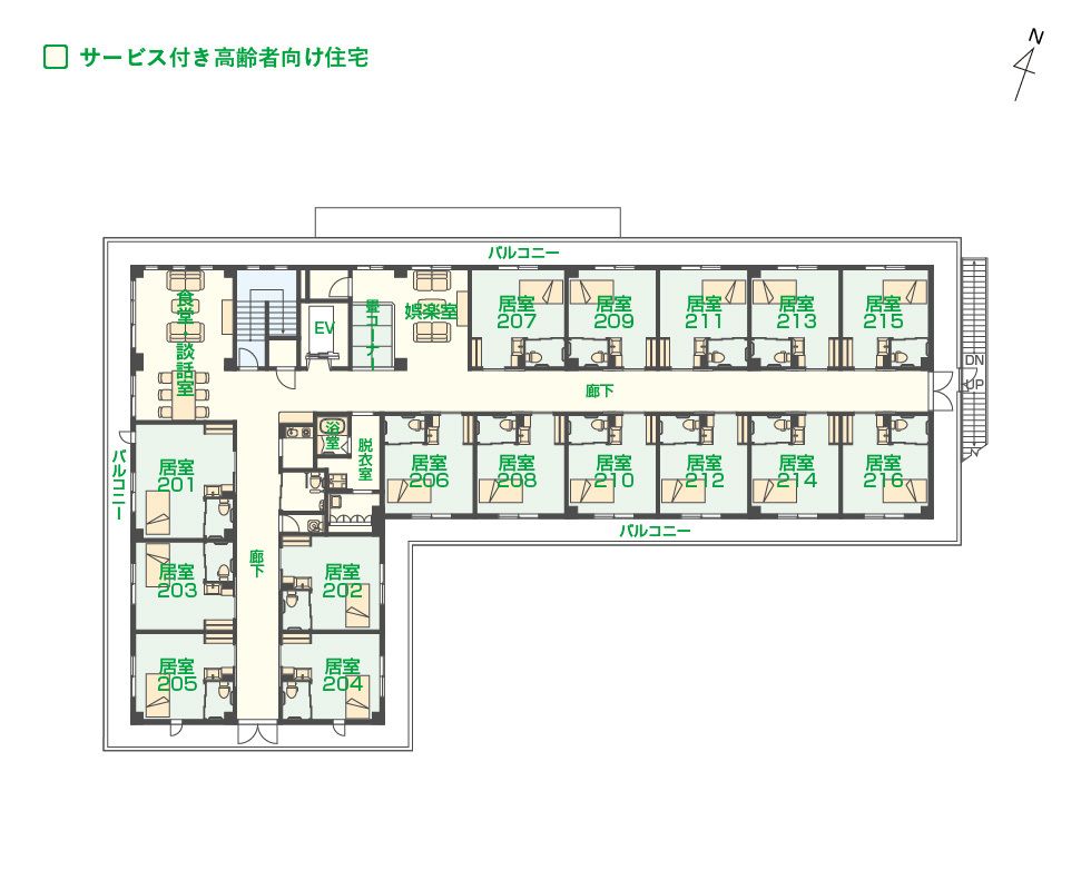エイジフリーハウス大阪瑞光の2Ｆのフロアマップ