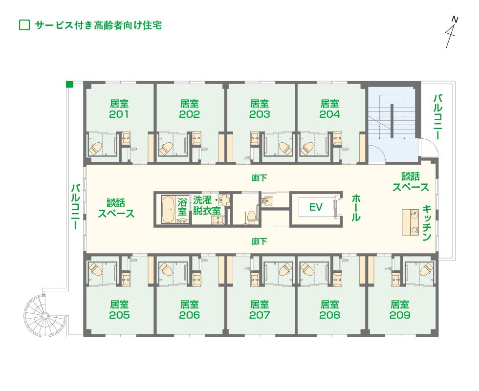 エイジフリーハウス枚方津田の2Ｆのフロアマップ