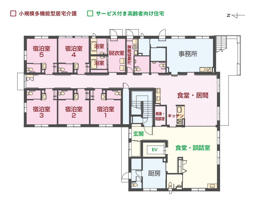 エイジフリーハウス京都桂川の1Ｆのフロアマップ