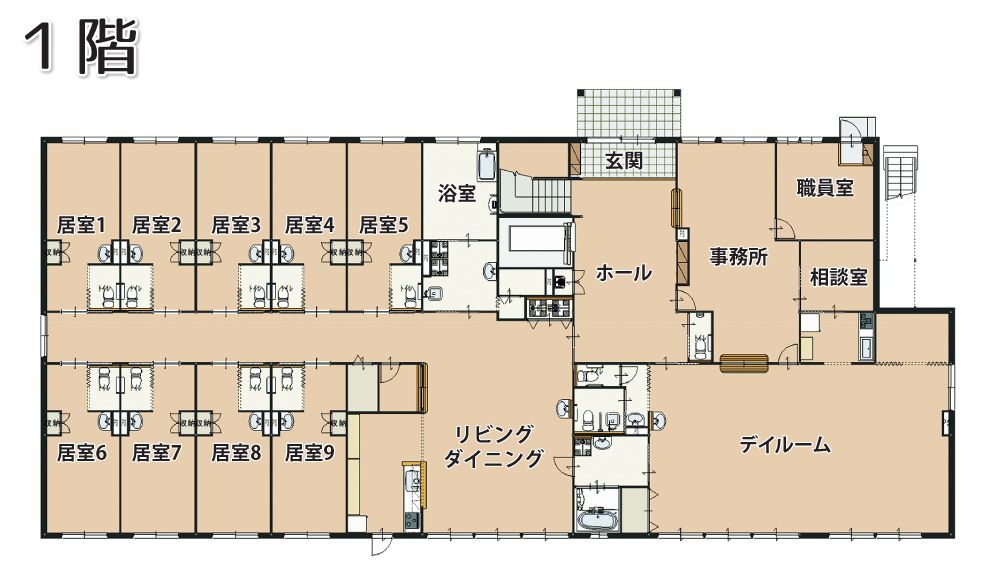 ケアビレッジライル温品の1階のフロアマップ