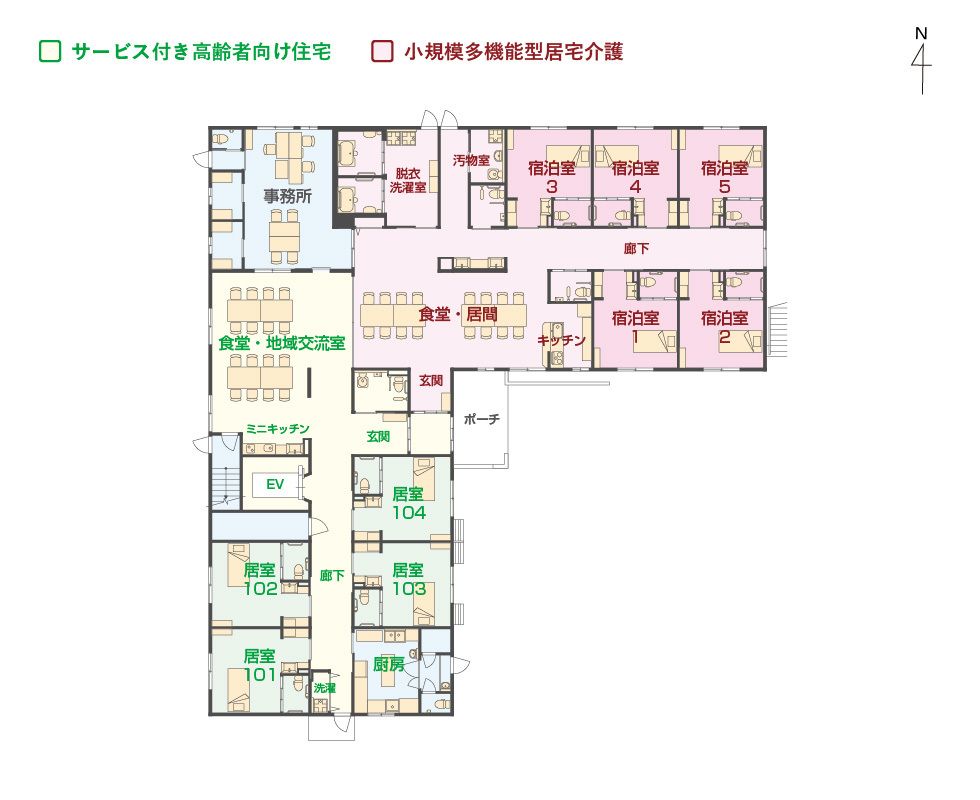 エイジフリーハウス京都音羽の1Ｆのフロアマップ