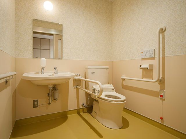 エル字型の手すりや可動式の手すりが付いた広いトイレ。壁には呼び出しボタンもあり、鏡付きの手洗い場もある。
