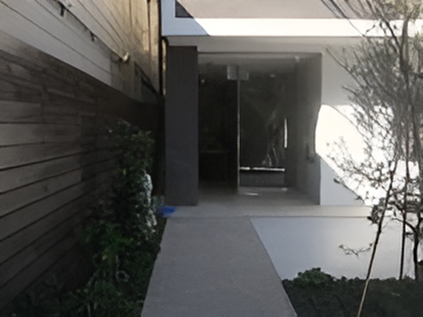 玄関から伸びているアプローチ。通行の妨げとなるものはなく、敷地内には草木が植えられている。
