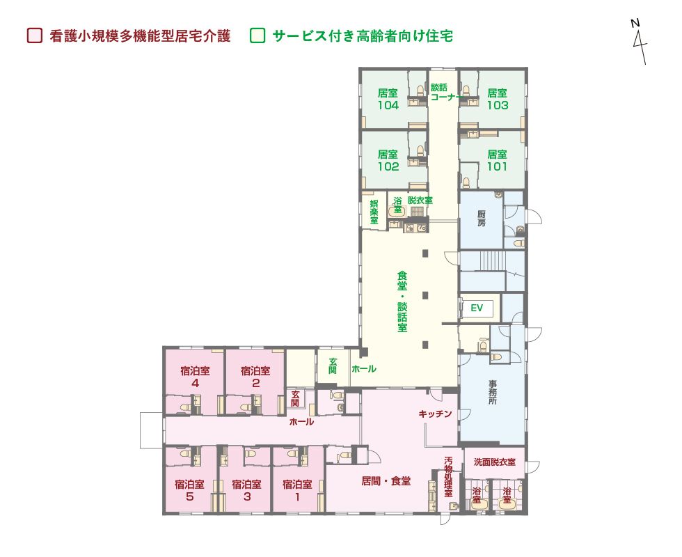 エイジフリーハウス川崎登戸の1Ｆのフロアマップ