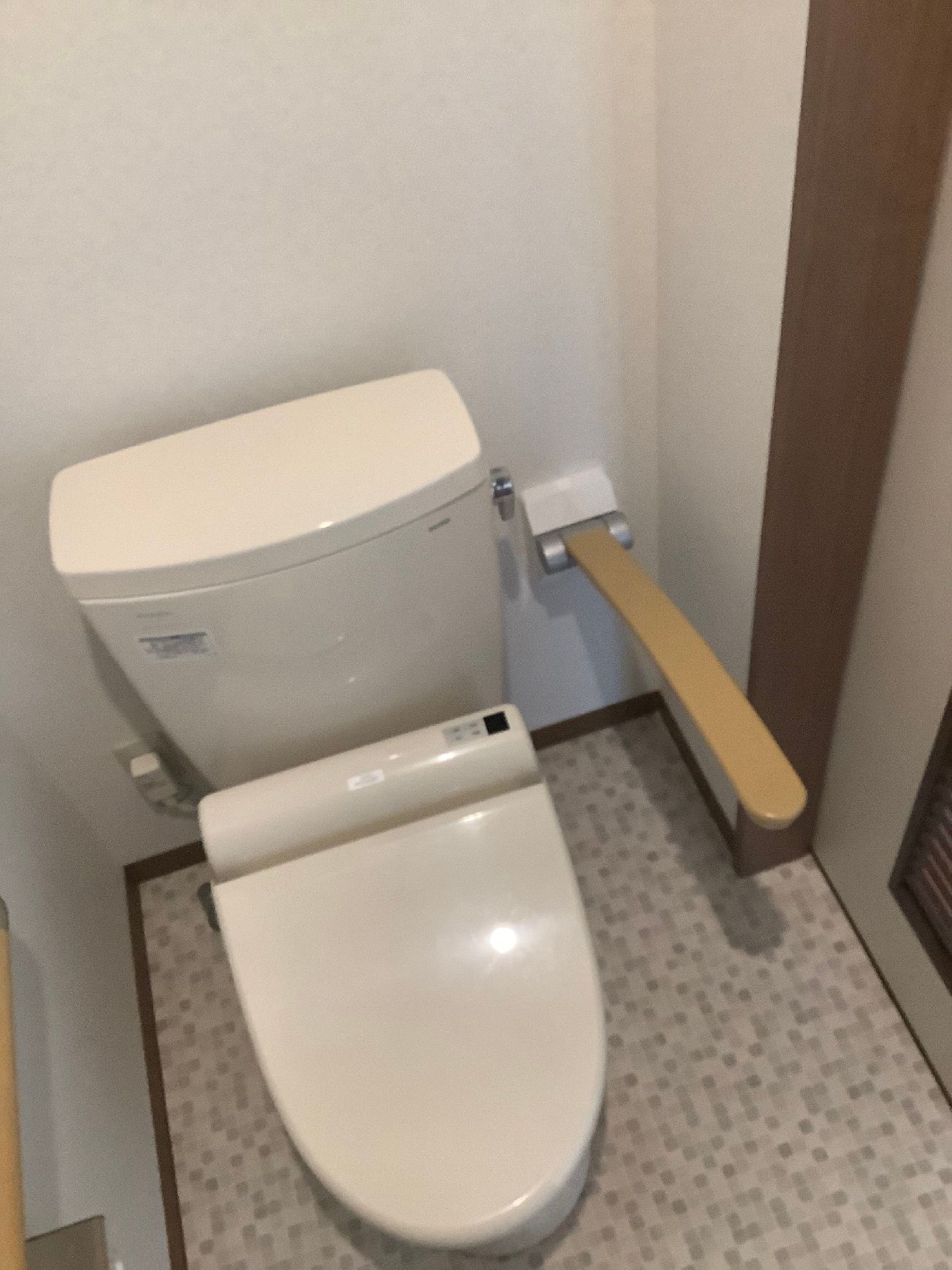 可動式の手すりが便座に設置されているトイレ。右側にはドア、左側にはトイレットペーパーホルダーがある。