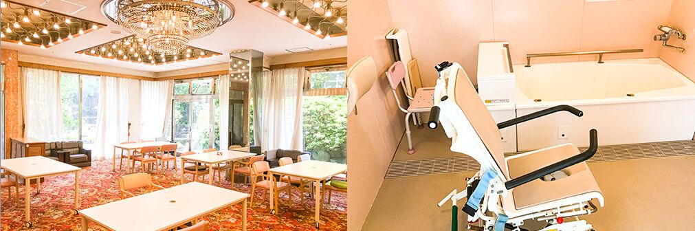 天井にシャンデリアが吊るされ、複数のテーブルと椅子がセットされている食堂。座ったまま浴槽に入れるタイプの浴室