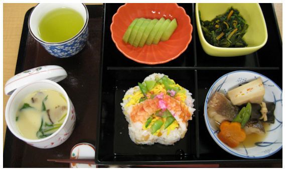 ちらし寿司と茶碗蒸しと魚の煮物とキウイフルーツのデザート