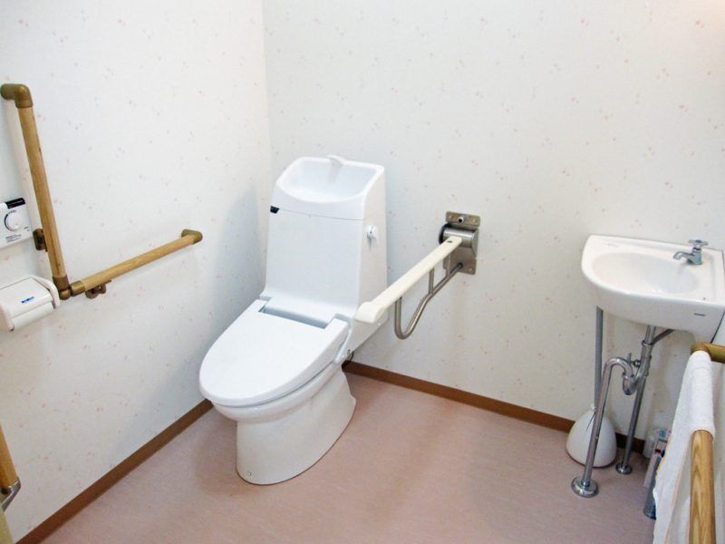 両側に手すりがついたトイレの様子。車いすのまま入れるトイレの写真