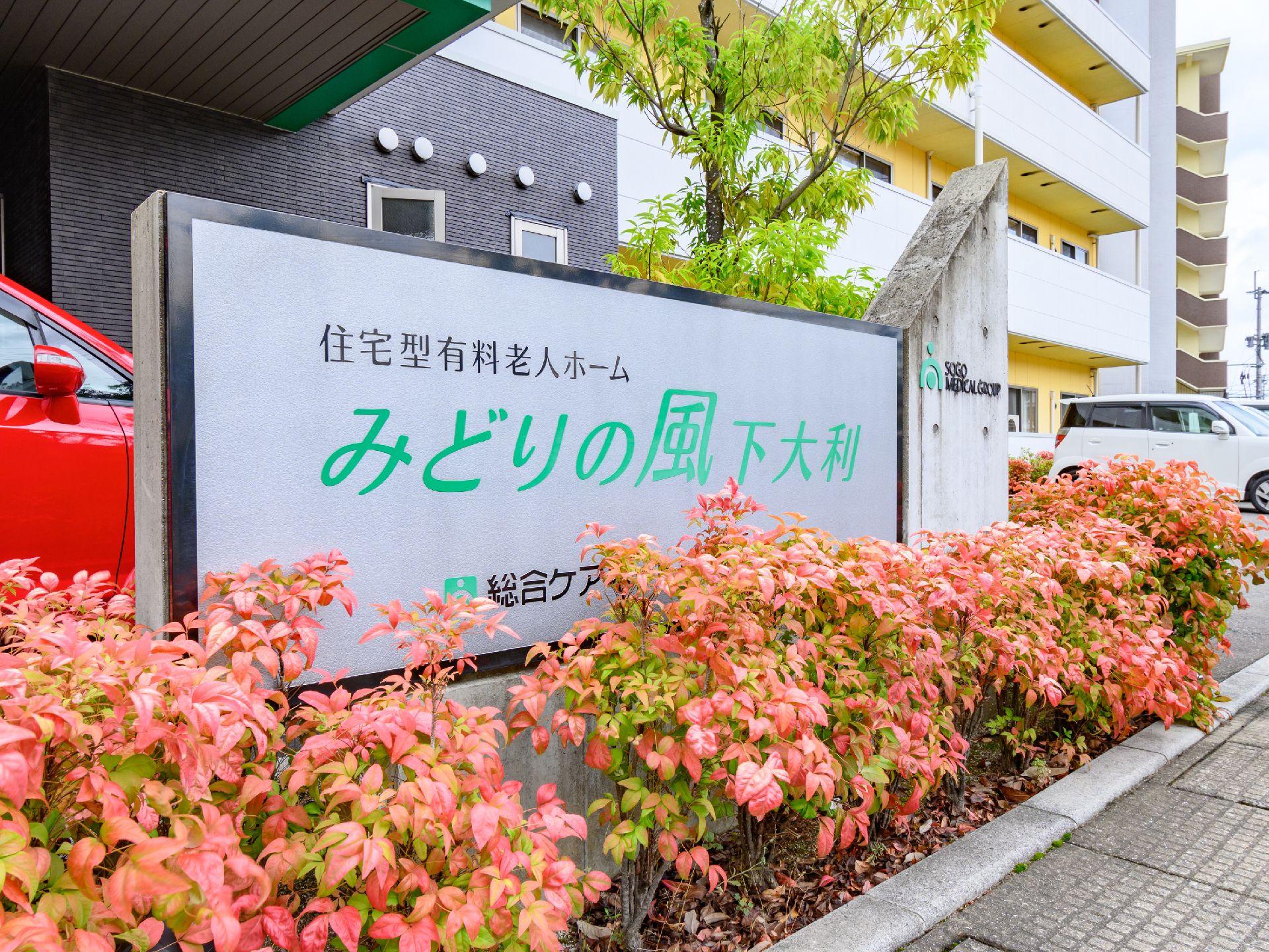 植物の中に配置された建物の看板