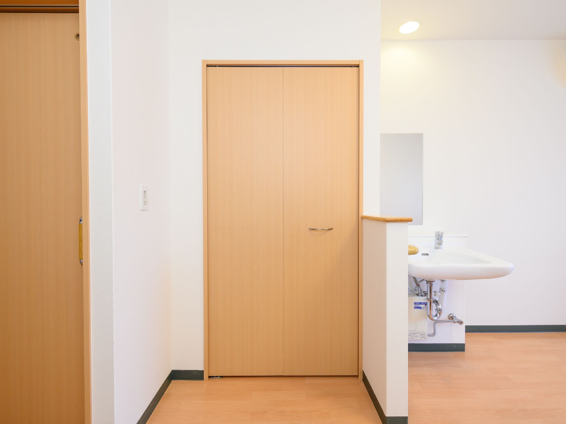 洗面台が置かれた白い壁の部屋にある茶色の扉のクローゼット
