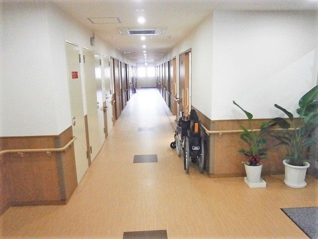 手前には車いすや観葉植物が置かれ、手すり付きのまっすぐな廊下が続いている。