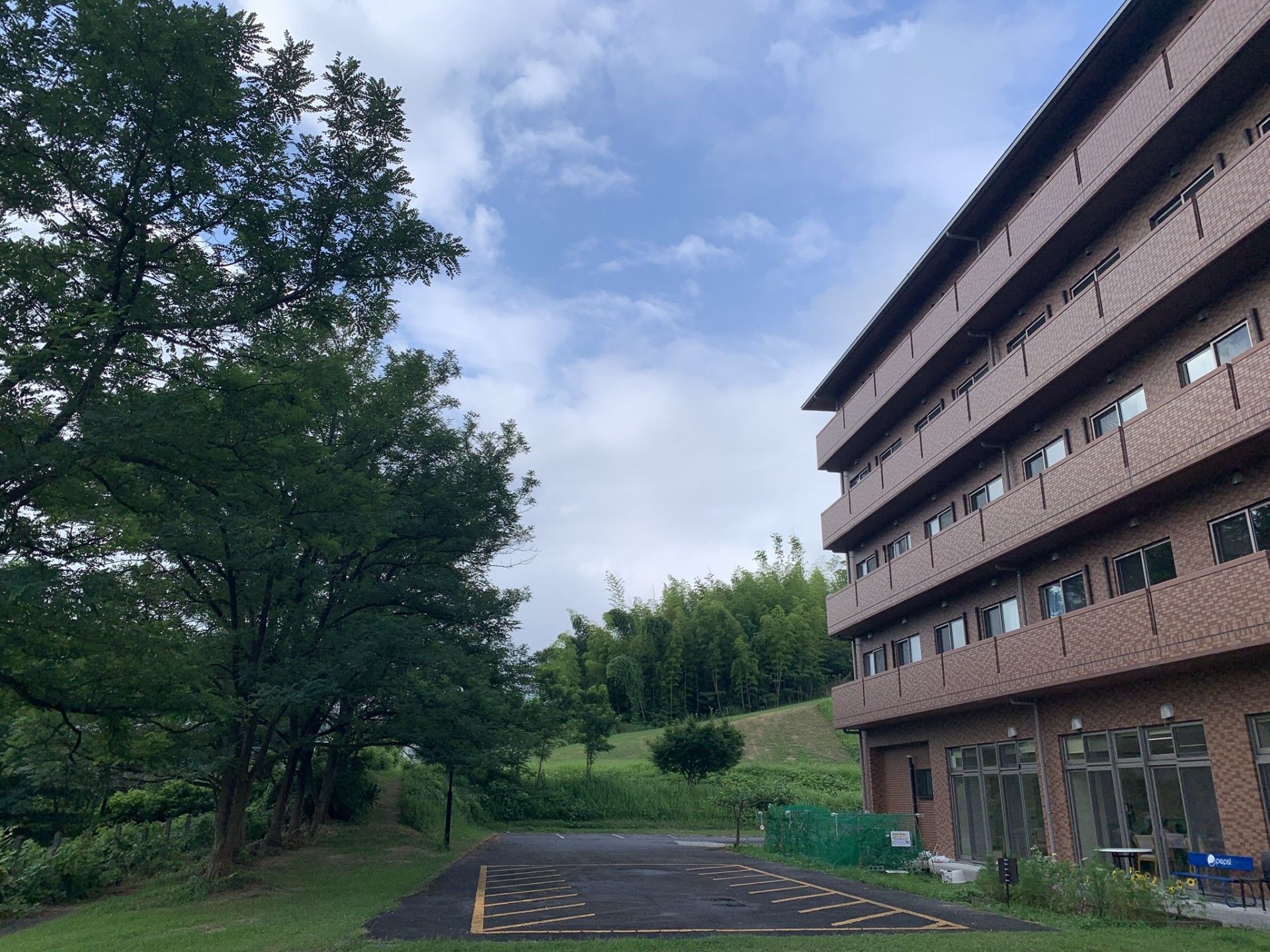 青空の下に建っているブラウン系の２階建ての建物は緑に囲まれている。