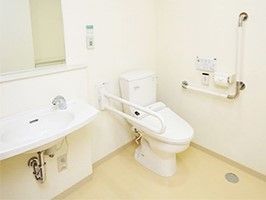 手すりが取り付けられている広めのトイレの様子。洗面台があるタイプ