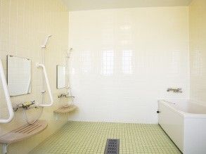 壁には白いタイルが、フロアにはグリーンがかったタイルが敷かれ、白い小さめの浴槽が設置され、手すりが両サイドに付いたシャワーもある。