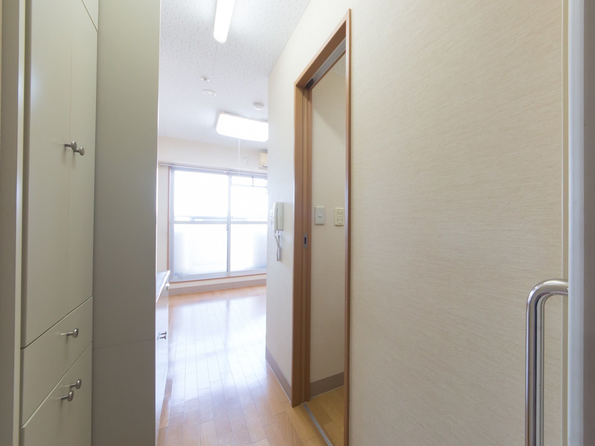 居室入口は大きな取っ手がついた引き戸になっている。入ってすぐのところに、扉のついた収納スペースがある。