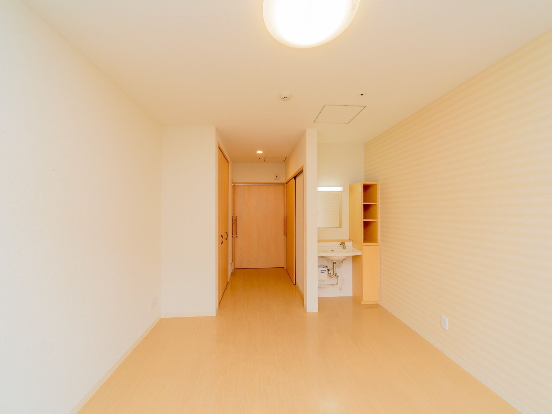 洗面台やクローゼット、トイレが備え付けられているワンルームの居室。床はフローリングが採用されている。