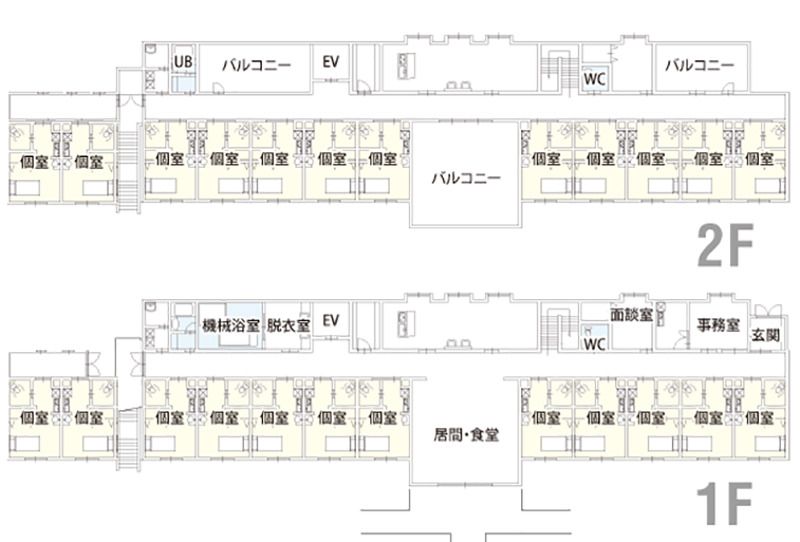 サービス付き高齢者向け住宅 みらいの1～2Ｆのフロアマップ