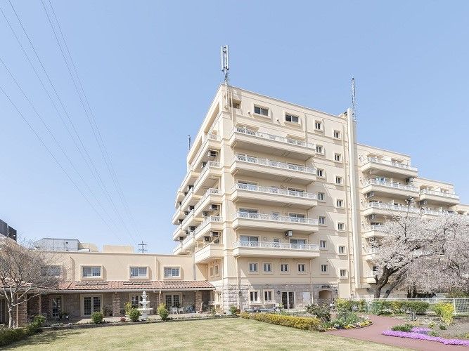 鉄骨造の建物とその中庭が写っている様子。芝生が植えてある広めの中庭
